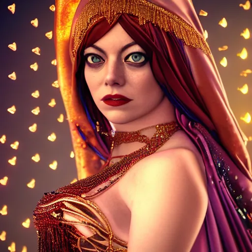 Image similar to a photorealistic portrait of actress emma stone dressed as a belly dancer, arabian night, volumetric lightening, octane render, high quality, fully detailed, 4 k, in focus sharp face with fine details, realistic hands and anatomical composition, inspired by belly dancer on youtube, alphonse mucha, masterpiece, stunning