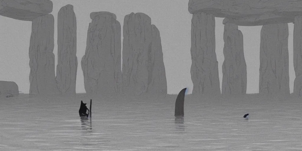 Prompt: a realistic cell - shaded studio ghibli concept art from paprika ( 2 0 0 6 ) of a tan dolphin from close encounters of the third kind ( 1 9 7 7 ) in a flooded monument valley stonehenge. very dull colors, wide shot, hd, 4 k, hq