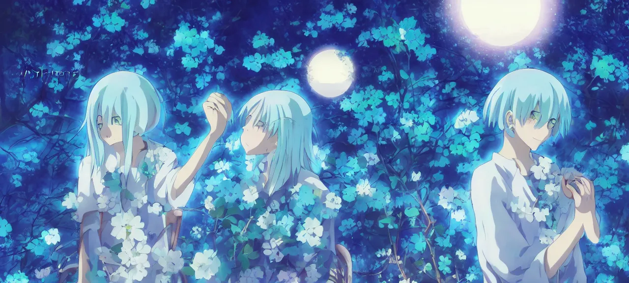 Image similar to Konpaku petting aqua ghost | ghibli clover | Big Moon at Blue Night | Trees with white flowers | bioluminescent blue FLOWERS | strong blue rimlit | visual-key | anime illustration | highly detailed High resolution | Light Novel | Visual Novel | In the style of Miyami-Zero, Yuuki Hagure