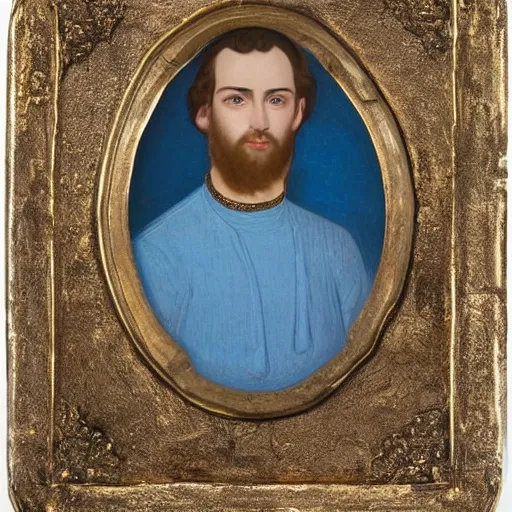 Image similar to a very detailed portrait of a young adult man in completely baby blue tunic, wearing a gold medallion!!! around his neck. he has an oval shaped head and roundish nose, blue eyes, kind face and no facial hair. he has dark brown hair and wears it in a tight long ponytail.