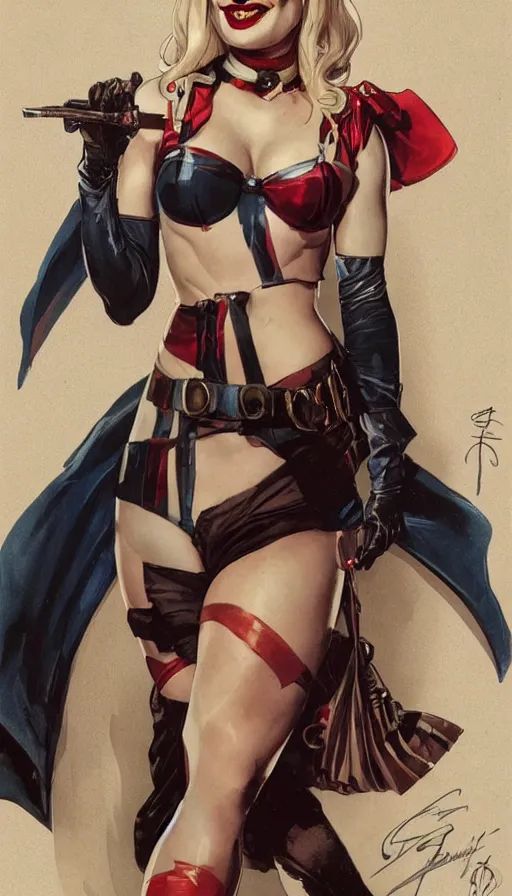 Image similar to margot robbie as harley quinn in a pin - up pose by artgerm, greg rutkowski and alphonse mucha, concept art, matte, intricate, full body