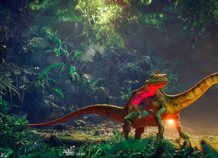 Image similar to a cg render of a colorful 🦖 in a noir galactic jungle, 8 k, unreal engine, detailed, hyperrealistic, octane