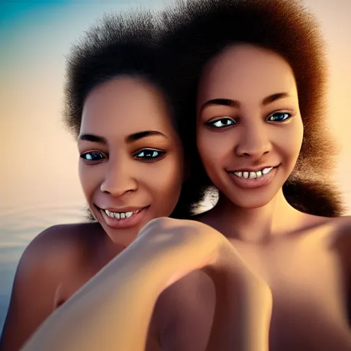 Prompt: beautiful serene intricate portrait of identical twins, one is black and one is white, taking a selfie, smiling softly, relaxing on the beach, golden hour, soft focus, 8 k, art by irakli nadar, hyperrealism, hyperdetailed, ultra realistic