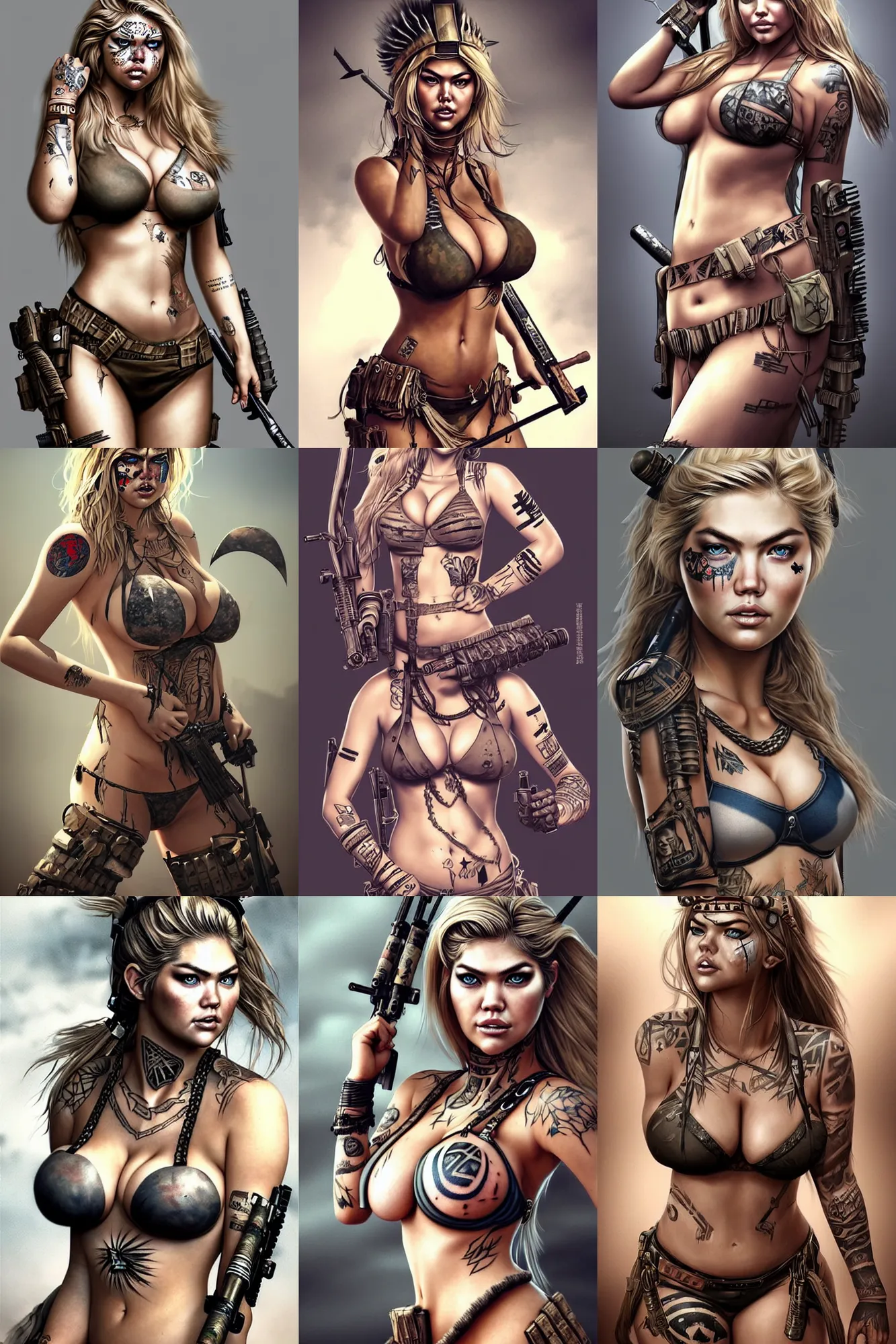Prompt: gorgeous!! hyper - realistic woman resembling kate upton as a post - apocalyptic warrior girl with tattoos & tribal face paint, bikini + tattered military gear | drawn by wlop, drawn by jeehyung lee, drawn by artgerm | smooth, sharp focus, intricate