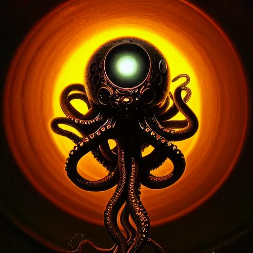 Image similar to a detailed digital art of an alien creature with multiple eyes and tentacles emerges from a glowing orb in the center of a dark, foreign landscape,by Albert Bierstadt, Yohann Schepacz and Laurel Burch,style of grim dark, Kai Fine Art, chiaroscuro, dark academia, copper patina,detailed, ornate, maximalist, 8k, cinematic, compositing, post processing, award winning art,artstationHQ,artstationHD