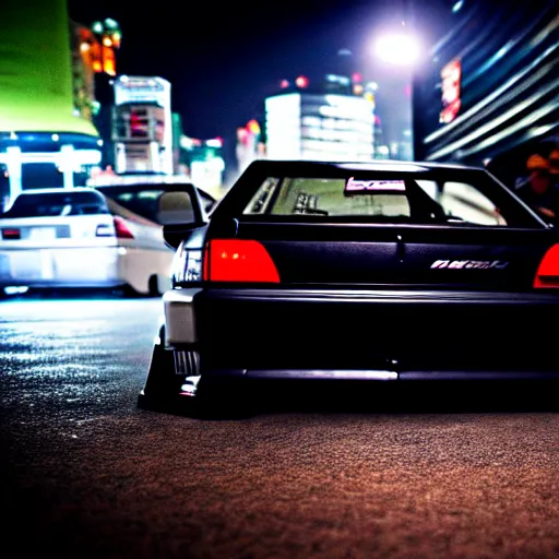 Image similar to a car JZX100 twin turbo drift at illegal car meet, Shibuya prefecture, city midnight mist lights, cinematic lighting, photorealistic, highly detailed wheels, high detail