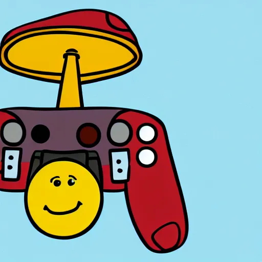 Image similar to Digital drawing of a controller with a cartoon face and a birthday hat, white backgound