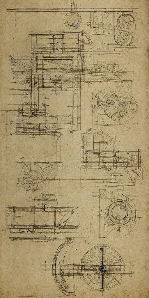 Prompt: undiscovered design blueprints from leonardo da vinci, renaissance, 4 k