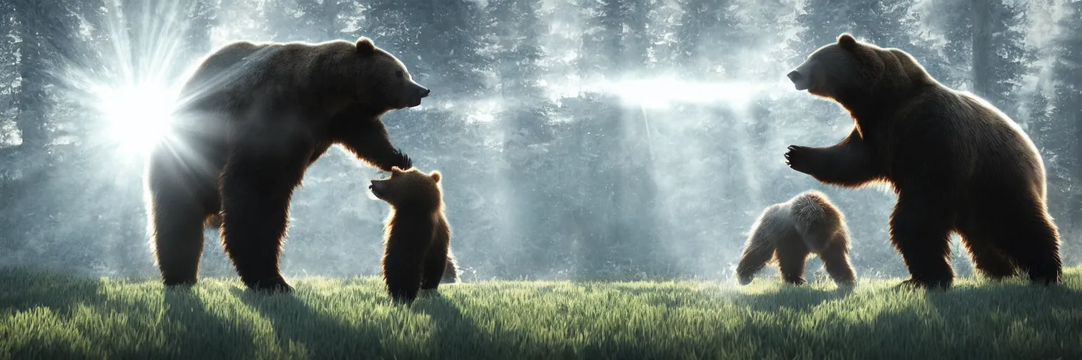 Image similar to an old woman fighting a bear, octane render, crepuscular rays