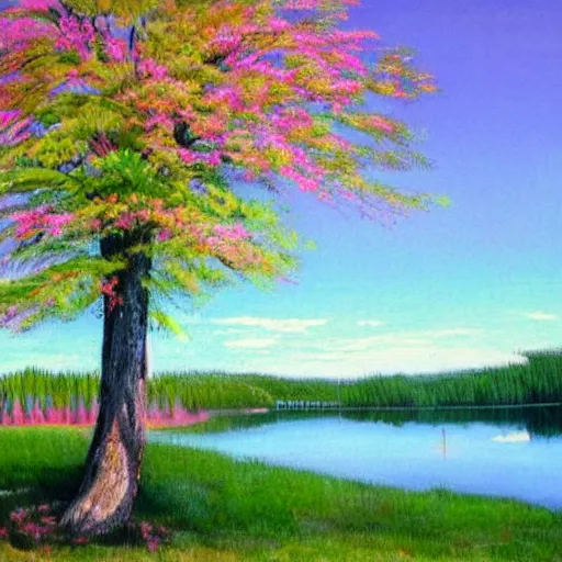 Image similar to Pink tree beside a large lake, landscape in the style of realism
