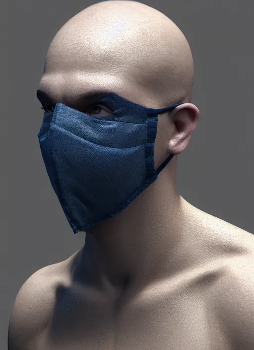 Image similar to 3 d model of a european young man covering face with fabric mask, ultrarealistic, octane rendered, unreal engine 5, ray tracing, subsurface scattering, studio lighting, trending on artstation, extremely detailed