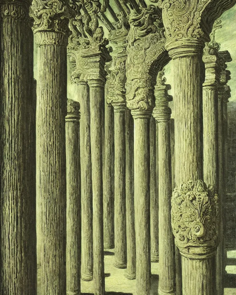 Image similar to achingly beautiful painting of intricate ancient giger columns on jade background by rene magritte, monet, and turner. giovanni battista piranesi.