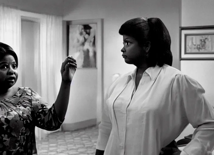 Image similar to cinematic shot of octavia spencer confronts joe manchin in a motel, in the near future, iconic scene from the paranoid thriller sci fi film directed by stanley kubrick, color theory, apartment design, leading lines, photorealistic, volumetric lighting