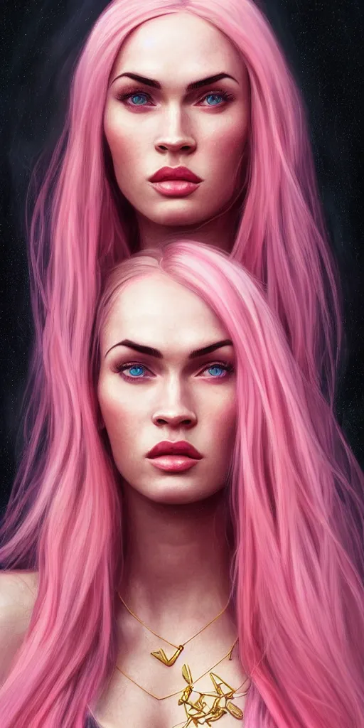 Image similar to Portrait of a beautiful pale skin Nordic female megan fox with long pink hair, elegant, photorealistic, highly detailed, artstation, smooth, sharp focus, gold ornaments, neon lighting, sci-fi, art by Klimt