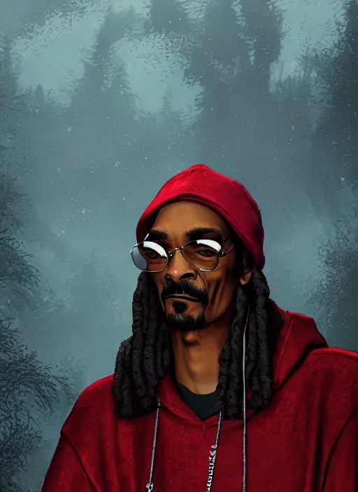 Image similar to snoop dogg is an evil wizard, dark, red, black, mist, hyper detailed, digital art, trending in artstation, cinematic lighting, studio quality, smooth render, unreal engine 5 rendered, octane rendered, art style by klimt and nixeu and ian sprigger and wlop and krenz cushart.