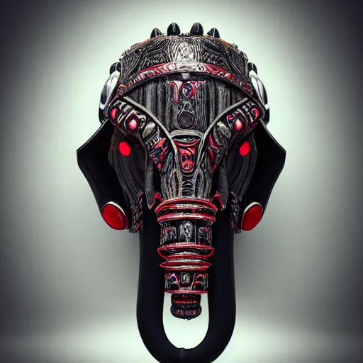 Image similar to never forget! futuristic elephant head, symmetrical, intricate black shaman ornaments, black oak patterns, iridescent reflection, mask big, mech mask, mecha - elephant, graphic design, black white grays and red color, subsurface scattering, cyberpunk, unreal engine, octane render