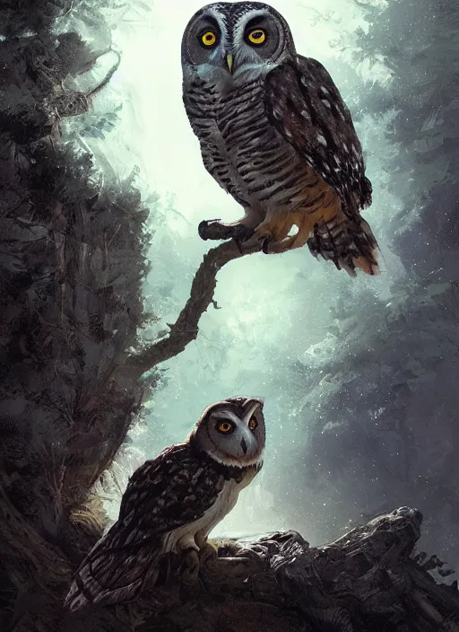 Image similar to Portrait of an Owl eating a rabbit, Dramatic clouds, Woods, Trees, Moon light, marvel comics, dark, intricate, highly detailed, smooth, artstation, digital illustration by Ruan Jia and Mandy Jurgens and Artgerm and Wayne Barlowe and Greg Rutkowski and Frank Frazetta