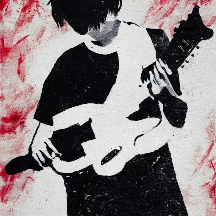 Image similar to minimal brush painting of a young korean man wearing black t shirt holding a telecaster electric guitar!!, dark background, huge dramatic brush strokes, matte colors, abstract, masterpiece, trending on artstation