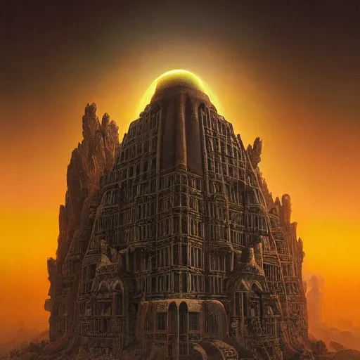 Image similar to sci - fi concrete alien eldritch demonic baroque rococo gothic architecture in hell, babylonian, ziggurat, zaha hadid, beksinski, wayne barlowe, oil painting, photoreal, highly detailed, 8 k, hd, vray, artstation, cinematic matte painting, extreme detail photo quality, sunset, featured on behance