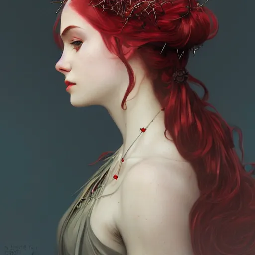 Image similar to portrait of beautiful vampire, rose thorn crown, thorns everywhere, headshot, pale skin, 4k, rule of thirds, extreme detail, detailed drawing, trending artstation, hd, fantasy, D&D, realistic lighting, by Alphonse Mucha, Greg Rutkowski, sharp focus, backlit, bright red hair