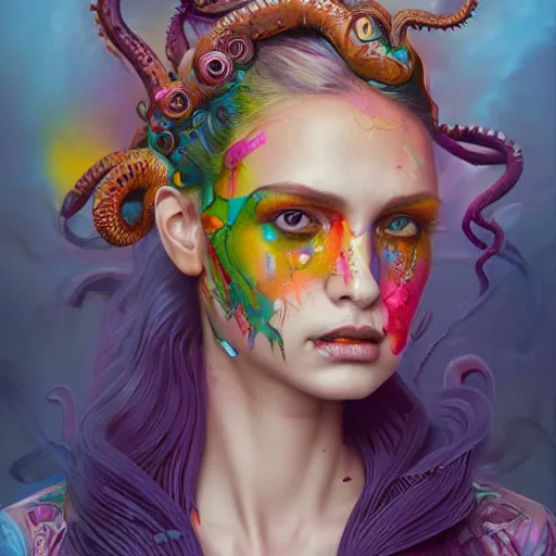 Image similar to art portrait of a furious girl with purple tentacles on her head, 8 k, by tristan eaton, stanley artgermm, tom bagshaw, greg rutkowski, carne griffiths, trending on deviantart, face enhance, hyper detailed, full of colour