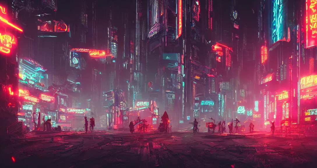 Image similar to cyberpunk city, neon signs, robot samurai fighting cyborg cowboys, dark, apocalyptic, intricate, detailed, volumetric lighting, scenery, digital painting, highly detailed, artstation, sharp focus, illustration, concept art