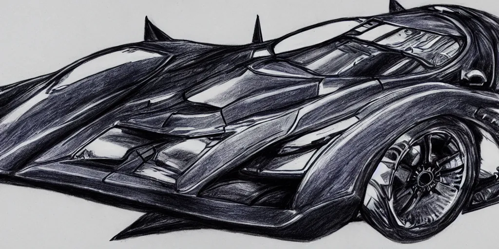 Image similar to ballpoint pen drawing of the batmobile, batman, arkham knight