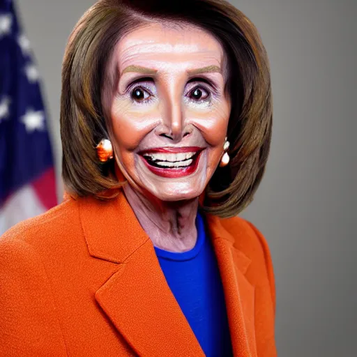 Prompt: portrait of president nancy pelosi as a smiling laughing bright orange lizard person with bumpy skin, airbrush painting, hyper detailed, 8 k, photorealism.
