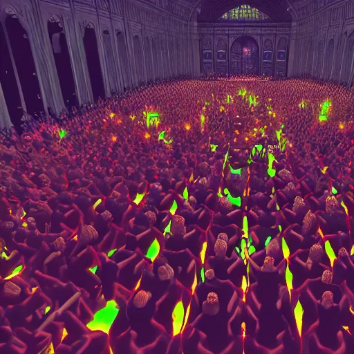 Image similar to a large crowd of people at a concert, a screenshot by alesso baldovinetti, cg society, maximalism, sanctuary, hall of mirrors, glowing neon