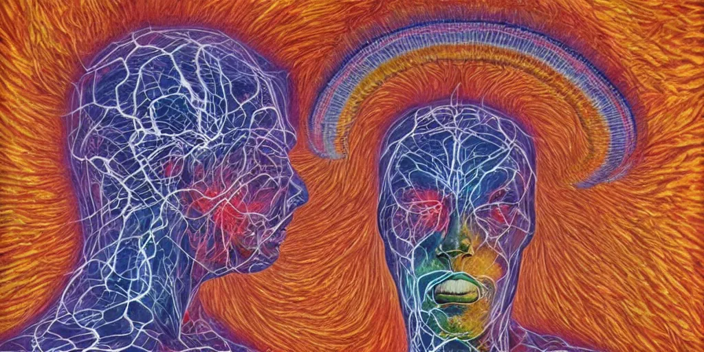 Prompt: man burning from the inside out casts astral projections around his body by alex grey!!!!, cosmic, meridians