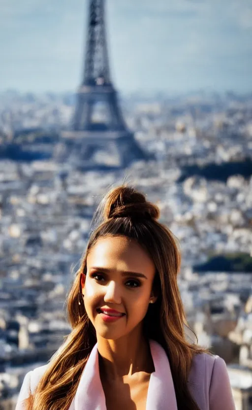 Prompt: portrait of jessica alba , 3/4 view realistic, detailed, diffuse sunlight, soft lights, bokeh Paris in background