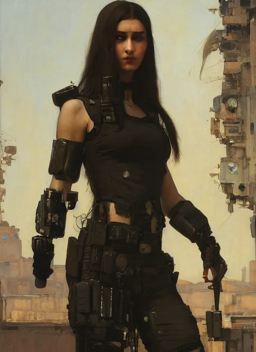 Image similar to buff Ella. beautiful cyberpunk soldier wearing a military vest and military gear (cyberpunk 2077). gorgeous face. Iranian orientalist portrait by john william waterhouse and Edwin Longsden Long and Theodore Ralli and Nasreddine Dinet, oil on canvas. Cinematic, hyper realism, realistic proportions, dramatic lighting, high detail 4k