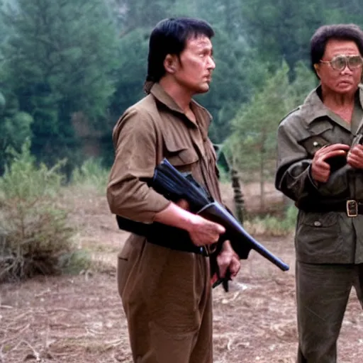Image similar to a still of Rambo First blood with Kim Jong-il on the role of John Rambo