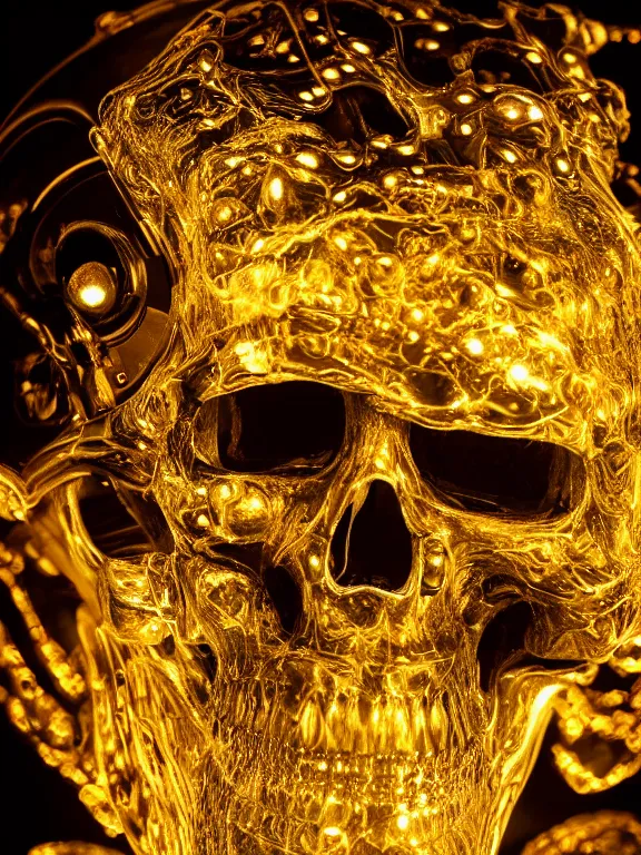 Prompt: photograph of a cyborg skull, glowing technical parts, golden fluid dripping down, studio lighting, 4k