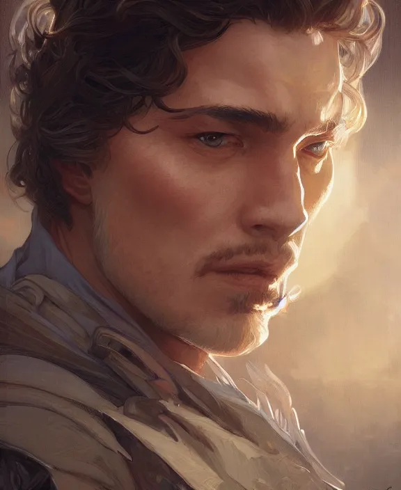 Image similar to portrait close up of guy, concentrated look, symmetry, d & d, fantasy, intricate, elegant, highly detailed, digital painting, artstation, concept art, art by artgerm and greg rutkowski and alphonse mucha, boris vallejo