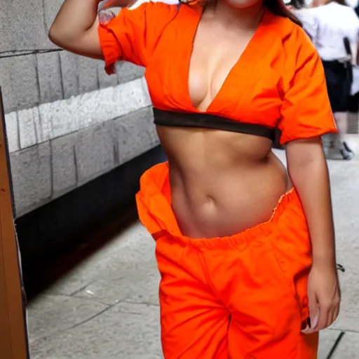 Image similar to cute chick dressed as an inmate