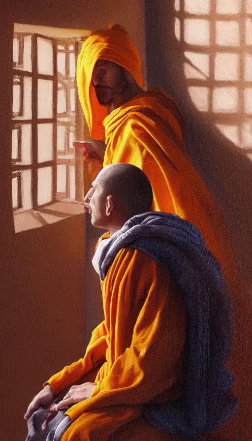 Image similar to space monk sitting by a window, orange robe, dramatic lighting, artstation, matte painting, johannes vermeer