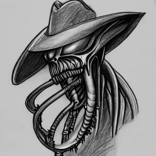 Prompt: a pencil sketch of a xenomorph alien wearing a cowboy hat, white background, fine detail, black and white