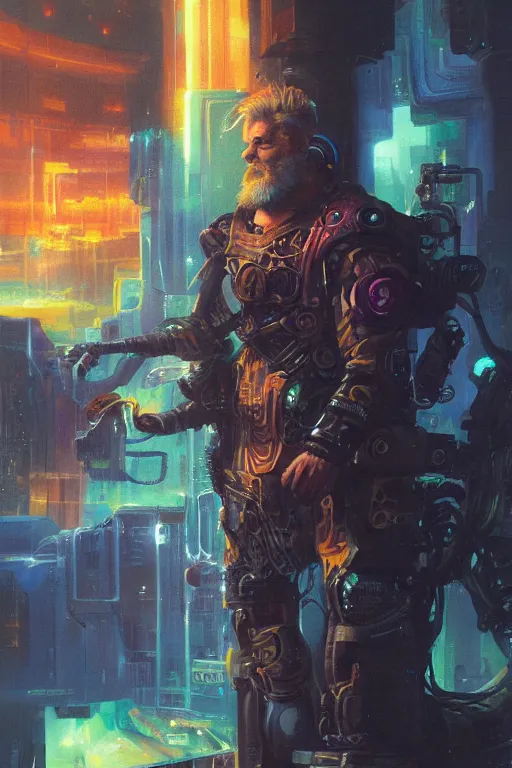 Prompt: a cyberpunk half length portrait of zeus, by paul lehr, jesper ejsing