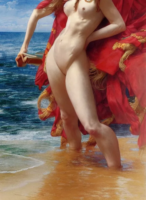 Image similar to portrait Nicole Kidman as sea lifeguard on the beach, full length shot, shining, 8k highly detailed, sharp focus, illustration, art by artgerm, mucha, bouguereau