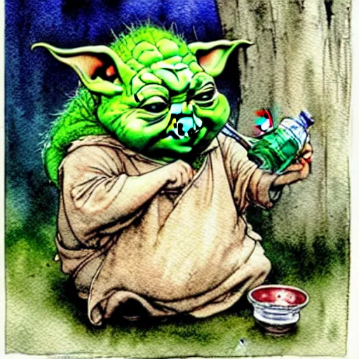 Image similar to a realistic and atmospheric watercolour fantasy character concept art portrait of a fat chibi homeless yoda drinking out of a broken bottle, by rebecca guay, michael kaluta, charles vess and jean moebius giraud