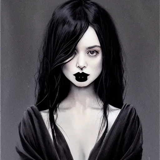 Prompt: facial portrait of a young goth girl in flowing dress, arrogant, mysterious, long fine black hair, delicate, looking at camera!!!, slightly awkward smile!, realistic face, no hands visible, intricate, stylish, elegant, grimdark fantasy, vibrant, extremely detailed painting by Greg Rutkowski and Steve Henderson and Harumi Hironaka