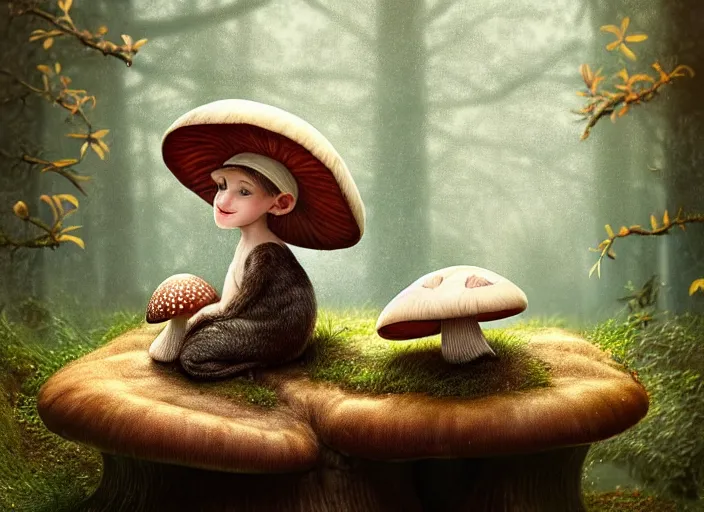 Image similar to a cute creature sitting next to a mushroom, realistic, very detailed, complex, intricate, studio lighting, superres sharpening, bokeh, sigma 5 0 mm f 1. 4, 1 9 2 0 period drama by bussiere rutkowski andreas rocha