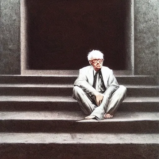 Image similar to a coherent award - winning beautiful!!! portrait of a calm bernie sanders, sitting on temple stairs, painted by zdzislaw beksinski