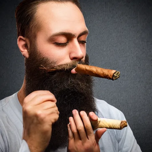 Prompt: a realistic photo of a man with a beard lighting a cigar