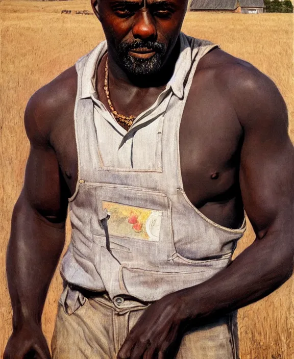 Prompt: portrait of idris elba as a kansas farmer, art by denys tsiperko and bogdan rezunenko and thomas eakins, hyperrealism