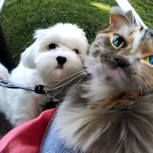 Prompt: A cat and a maltese dog taking a selfie