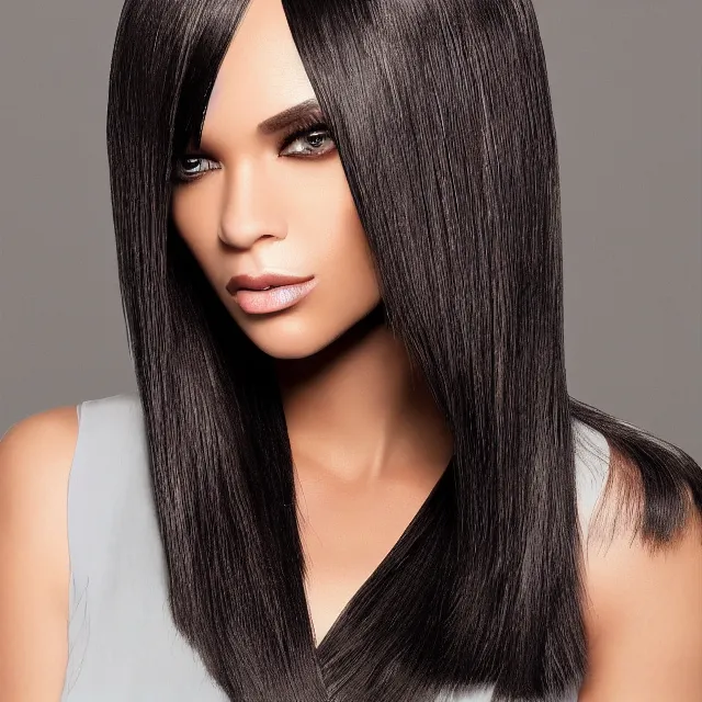 Image similar to avant runway hairstyle professional designer hair bangs, full body volume hairstyle, high detail, curves and straight combed with professional salon stylist products, studio lighting, smooth sharp focus