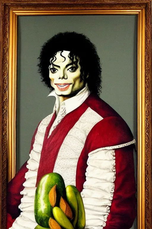 Image similar to a 1 6 0 0 s framed portrait painting of michael jackson holding a large pickle, intricate, elegant, highly detailed