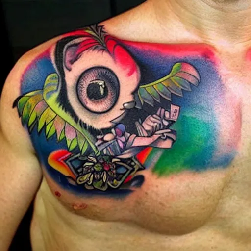 Image similar to shoulder tattoo of a multicolored hallucinogenic cute bush baby, eyes are colorful spirals, surrounded with colorful magic mushrooms and rainbowcolored marihuana leaves, insanely integrate